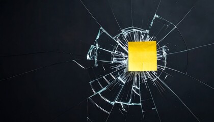 Bright yellow sticky note in the center of a shattered glass pattern against a dark background