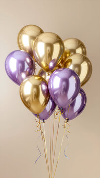 A bunch of shiny gold and purple metallic balloons tied together with ribbons against a neutral background.