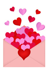 A pink envelope overflowing with colorful hearts in red and pink, with some hearts floating above.