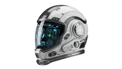 Futuristic White Helmet Displaying Glowing Blue HUD Against Black Backdrop