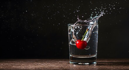 Cherry Falling Into Water Glass Splashing with Water Droplets on Dark Background