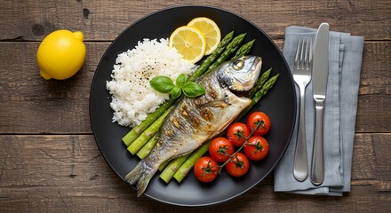 Fresh Grilled Fish Plate with Rice Cherry Tomatoes Asparagus Lemon Basil on Wooden Table