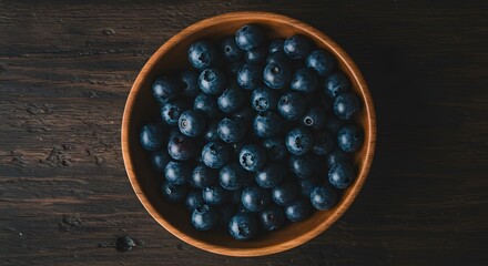 Blueberries in Wooden Bowl on Dark Wooden Surface Natural Fresh Fruit Healthy Snack