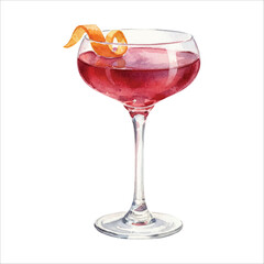 Watercolor Nick and Nora Glass Red Cocktail with Orange Twist on White Background
