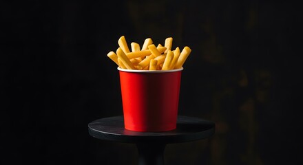 Red Cup Filled with French Fries on Black Surface in Dark Background