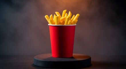 French Fries in Red Paper Cup on Dark Wooden Surface with Smoky Background