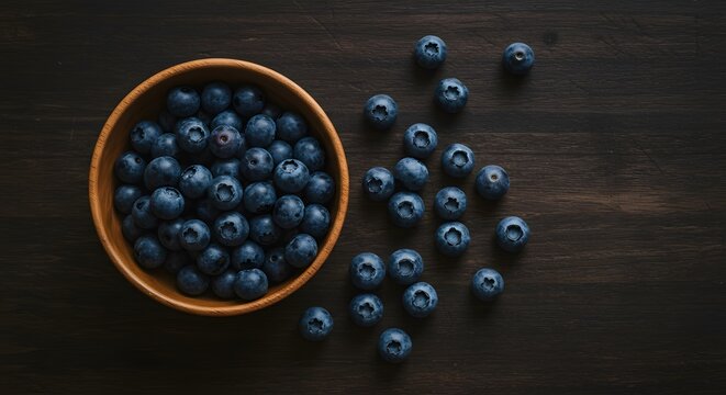 Fresh Blueberries in Wooden Bowl on Dark Wooden Surface - Powered by Adobe