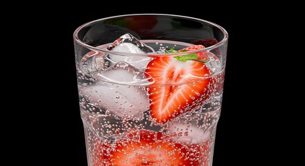 Fresh Strawberry Fruit Infused Sparkling Water with Ice in Glass on Black Background