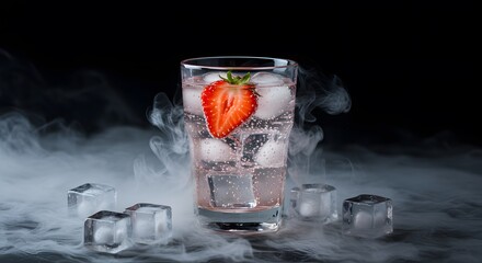 Strawberry Lemonade in Glass with Ice Cubes and Smoke Effect on Dark Background