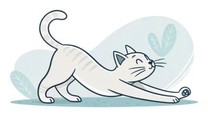 A cartoon illustration of a white cat stretching with a blue background and leaf decorations
