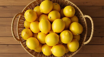 Bright Yellow Lemons in Wicker Basket on Wooden Surface