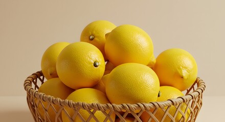 Bright Yellow Lemons in Wicker Basket on Light Background