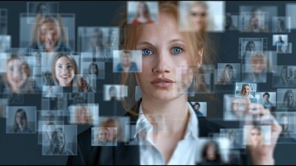 Businesswoman selecting profile on virtual digital screen, concept of online communication, social networking, and digital recruitment technology - Powered by Adobe