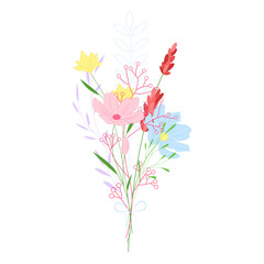 A delicate bouquet of colorful wildflowers in pink, yellow, blue, and red, tied with a thin ribbon.