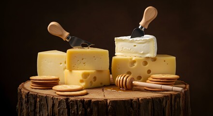 Assorted Cheese and Crackers on Wooden Log with Cheese Knives and Honey Dipper
