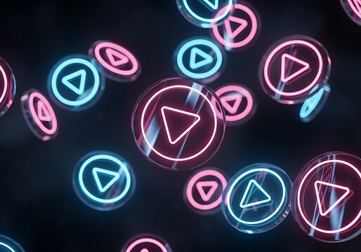 Neon Play Buttons Floating in Dark Space - Modern Media Concept. - Powered by Adobe