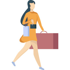 Woman Walking With Shopping Bags And Luggage On A Transparent Background Orange Dress Blue Shopping Bags Red Luggage Carrying Shopping Bags And A Suitcase
