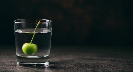 Green Cherry Fruit in Clear Water Glass on Dark Surface