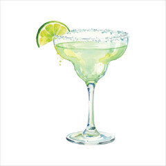 Watercolor Margarita Glass with Lime, Classic Green Cocktail on White Background 