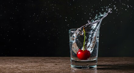 Cherry Falling Into Water Glass Splashing with Water Droplets in Dark Background
