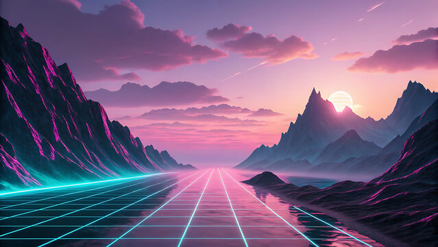Surreal retrofuturistic landscape with neon grid road reflecting a vibrant pink and purple sunset sky over misty mountains evoking a synthwave aesthetic