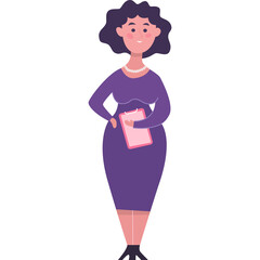 Woman Standing Confidently In A Purple Dress Holding A Pink Folder With A Pearl Necklace And Dark Hair Against A Transparent Background