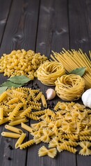 Variety of Uncooked Pasta on Dark Wooden Surface.