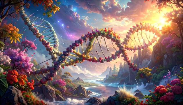 A vibrant landscape showcases a DNA helix adorned with colorful blossoms, creating a magical and serene atmosphere.