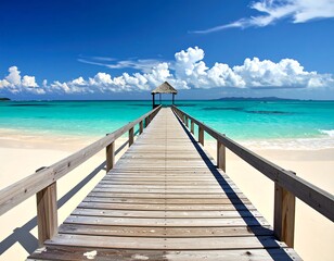Fototapeta premium A tranquil wooden pier extends into a vibrant turquoise ocean, leading to a serene beach with white sand under a vibrant blue sky filled with fluffy clouds.