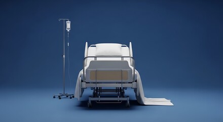 Hospital Bed and IV Drip Stand on Blue Background.