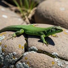 Naklejka premium Green Lizard basking on a rock in the sun.