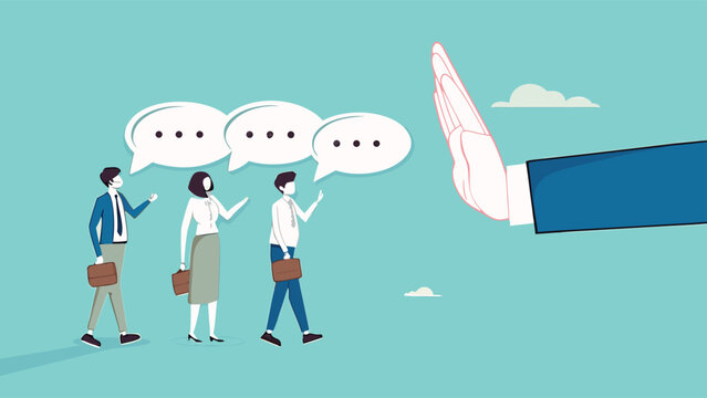 rejection in business, say no or disapprove, work conflict, decline or refuse in conversation, deny request, statement of disagreement, businessman hand reject or employee request or opinion

