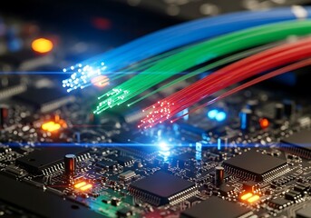Fototapeta premium Fiber Optic Cables and Circuit Board - Data Transmission Technology.