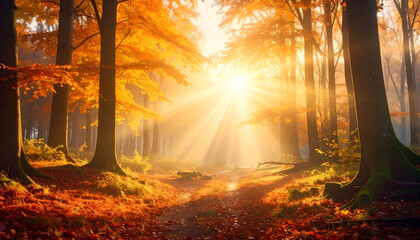 Golden Autumn Forest Path Bathed in Warm Sunlight Rays.