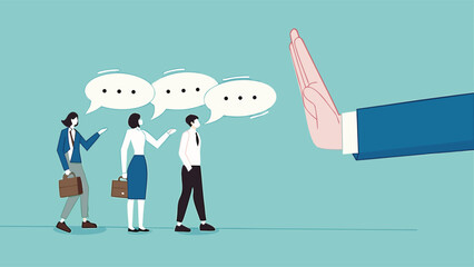 rejection in business, say no or disapprove, work conflict, decline or refuse in conversation, deny request, statement of disagreement, businessman hand reject or employee request or opinion

