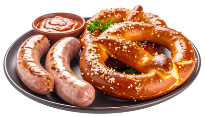 Grilled Sausages and Pretzel with Dipping Sauce on a Plate.