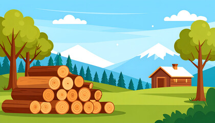 Rustic Cabin in Snowy Mountains with Stacked Logs and Green Trees.