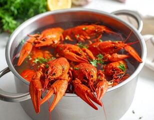 A large pot of steaming, vibrant red crayfish, seasoned and ready to eat, sits on a white surface.