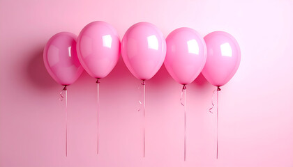 Five Pink Balloons Floating Against a Solid Pink Background.