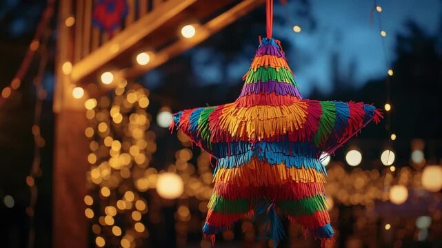 Traditional Star Pi&ntilde;ata Glowing at Las Posadas Celebration