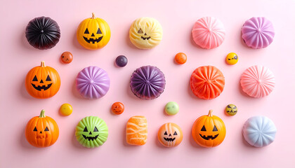 Colorful Halloween Candy Assortment on Pink Background.
