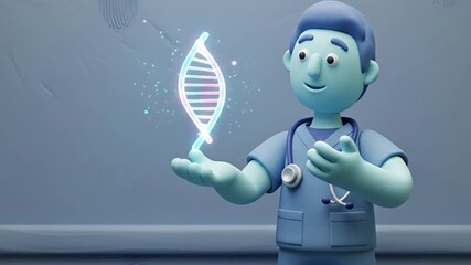 Clay doctor presenting floating DNA helix hologram - Powered by Adobe