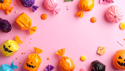 Halloween Candy and Jack-o-lanterns on Pink Background.