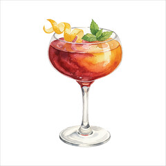 Watercolor Vintage Coupe Glass Cocktail with Orange Peel and Mint, Artistic Drink Illustration on White Background
