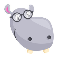 Cute Grey Hippopotamus Wearing Glasses Smiling Vector Illustration