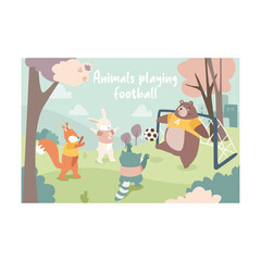 Cute cartoon animals playing football on a grassy field with trees and a cityscape in the background