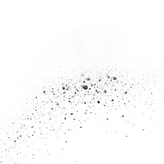 Scattered black particles, like dust or powder, are depicted on a white background, creating a textured effect.