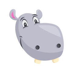 Cute cartoon gray hippopotamus with pink ears and large smiling face isolated on transparent background