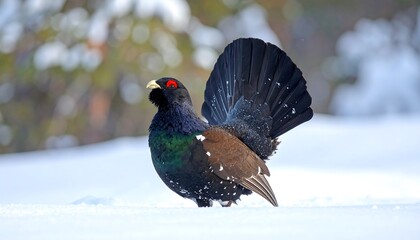A magnificent black grouse stands proudly in a snowy landscape, showcasing its striking plumage and red eye.