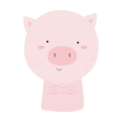 Cute cartoon illustration of a pink pig head with a transparent background rendered in a simple pixel art style featuring rosy cheeks and a small smile